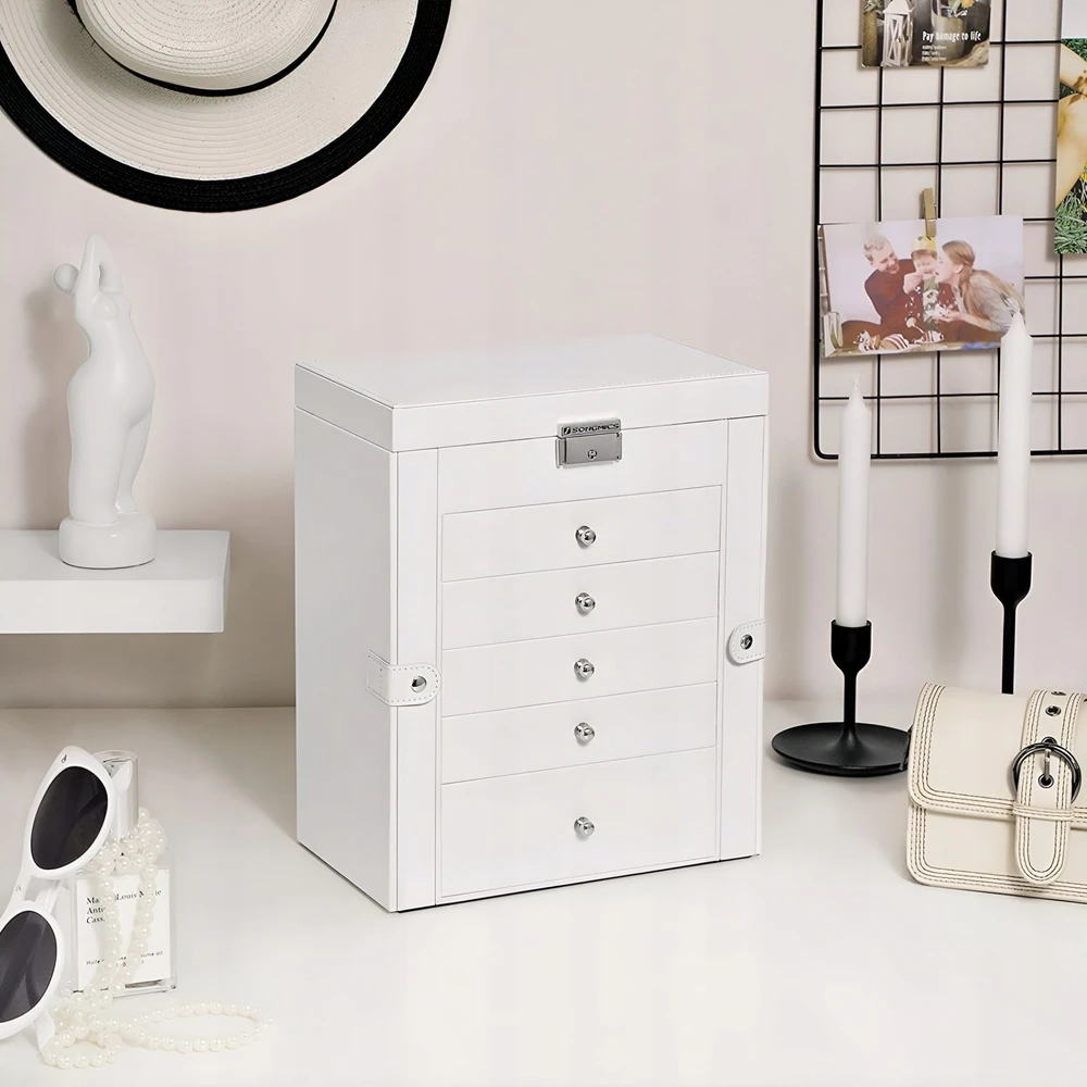 SONGMICS papuošalų dėžutė, 6 aukštų, su šoninėmis durelėmis, stalčiais, veidrodžiu ir užraktu, balta JBC152W01