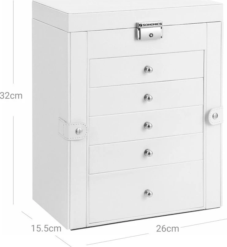 SONGMICS papuošalų dėžutė, 6 aukštų, su šoninėmis durelėmis, stalčiais, veidrodžiu ir užraktu, balta JBC152W01