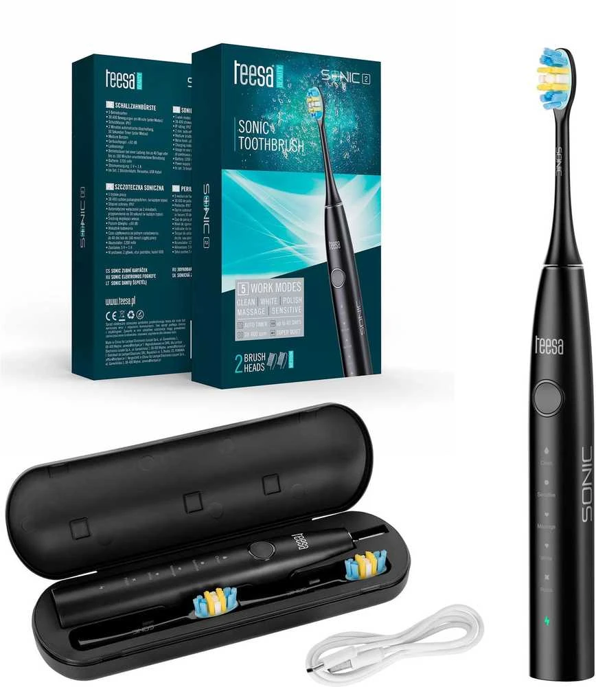 Sonic dantų šepetėlis TEESA SONIC 2 juodas, 5 veikimo režimai, kelioninis dėklas, USB C tipo jungtis