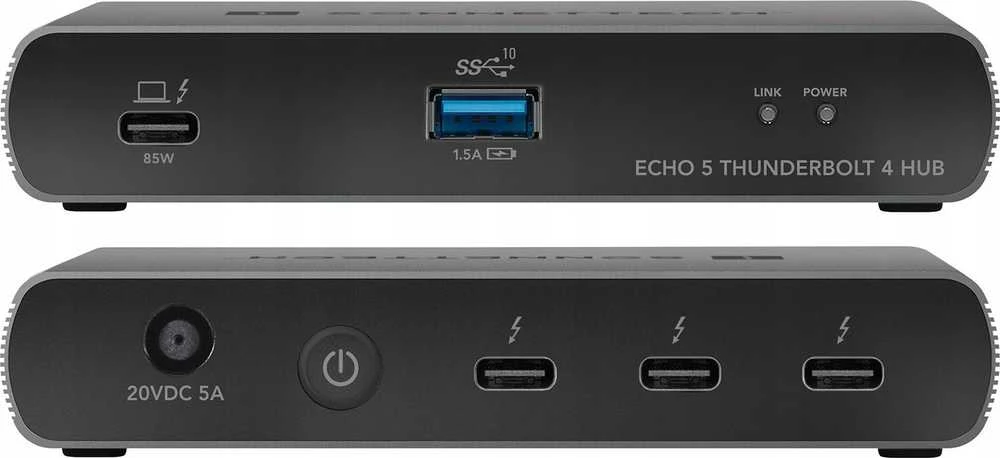 Sonnet Echo 5 Thunderbolt 4 hub – jungtys priekyje ir gale