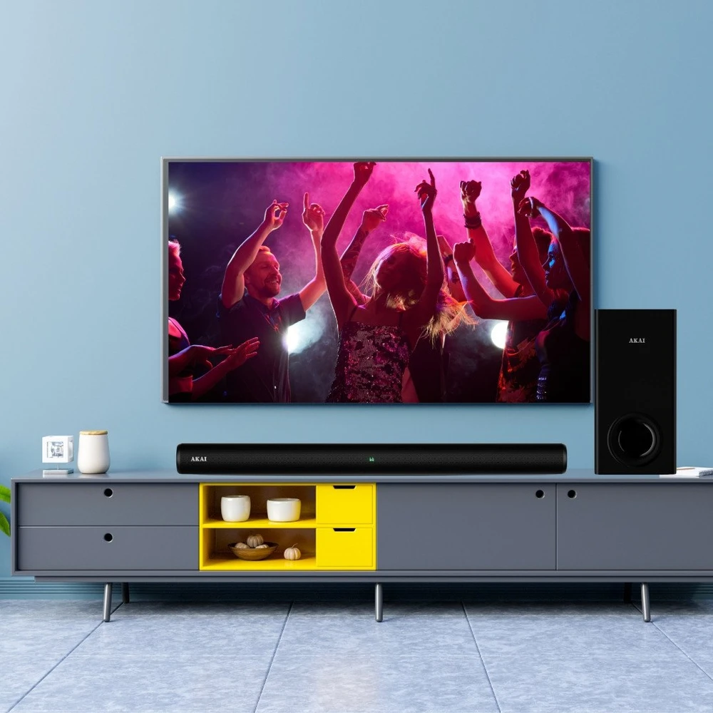 Namų kino sistema Garso juosta Akai ASB-8WSW, RMS galia 150 W, dažnių juosta 50 Hz–18 kHz, AC 100–240 V maitinimo šaltinis, 4 omų varža, juoda