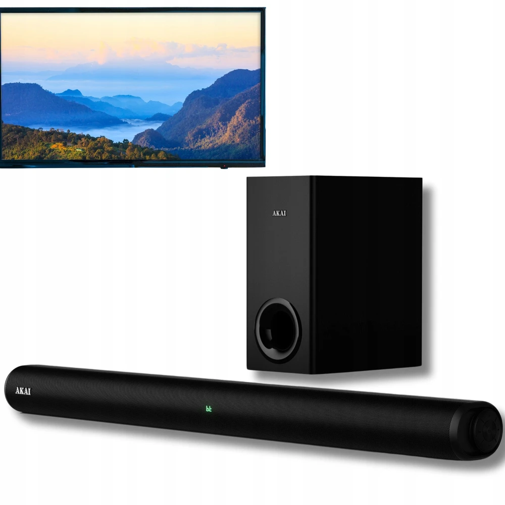Namų kino sistema Garso juosta Akai ASB-8WSW, RMS galia 150 W, dažnių juosta 50 Hz–18 kHz, AC 100–240 V maitinimo šaltinis, 4 omų varža, juoda