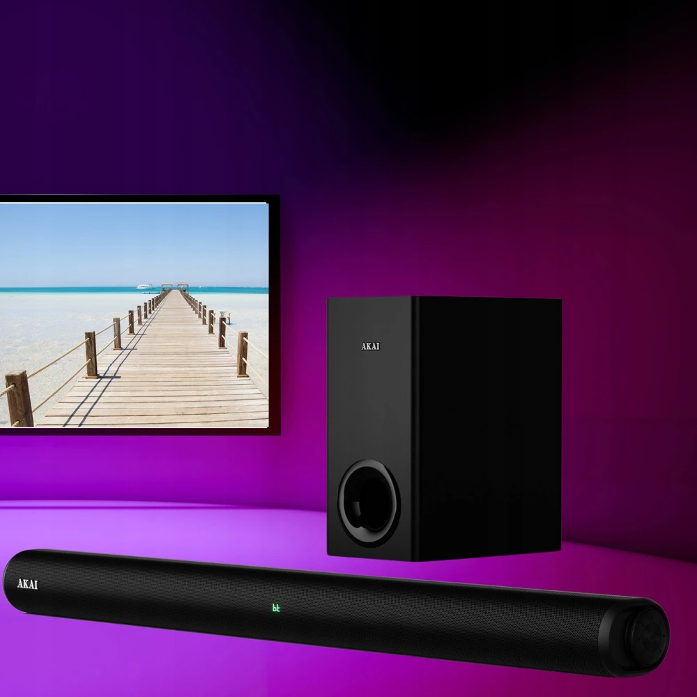 Namų kino sistema Garso juosta Akai ASB-8WSW, RMS galia 150 W, dažnių juosta 50 Hz–18 kHz, AC 100–240 V maitinimo šaltinis, 4 omų varža, juoda