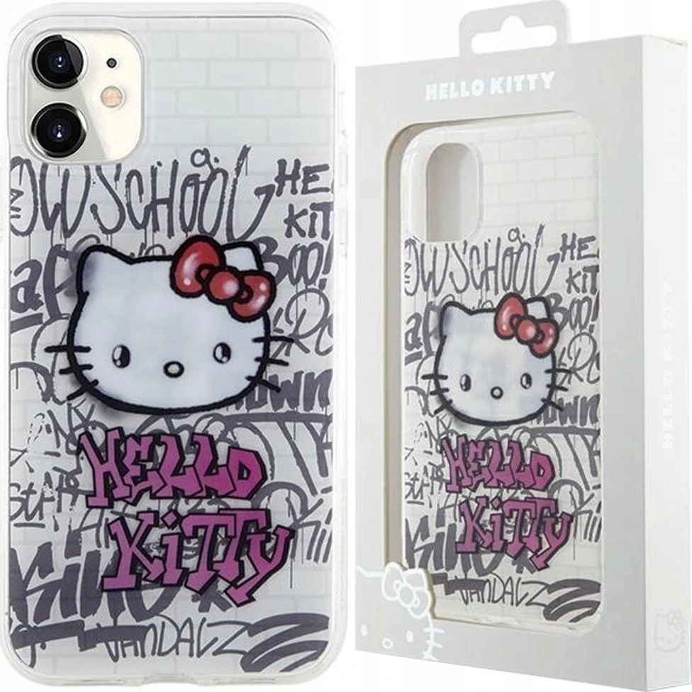 Hello Kitty HKHCN61HDGPHT Apple iPhone 11 / Xr 6.1" baltos spalvos harddėklas IML Kitty On Bricks Graffiti