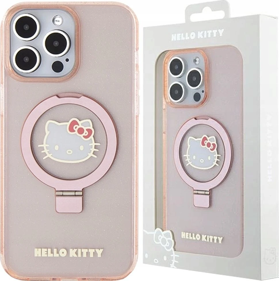 Apple iPhone 15 Pro Max Hello Kitty dėklas Ring Stand Glitter Electrop Logo MagSafe (HKHMP15XHRSGEP) rožinės spalvos