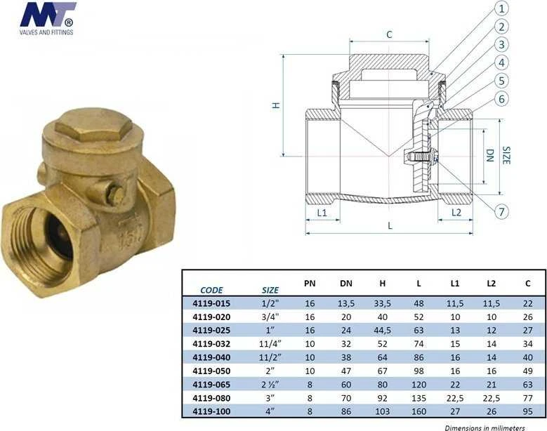 Atbulinis vožtuvas MT 4119032, 1¼", 10 bar, vidinis sriegis