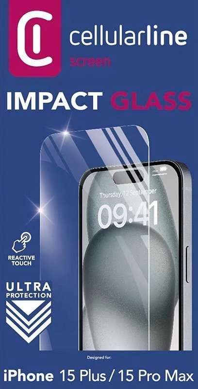 „Cellular Line Cellularline Impact Glass“ – grūdintas apsauginis stiklas, skirtas „Apple iPhone 15 Plus“ / „Apple iPhone 15 Pro Max“.