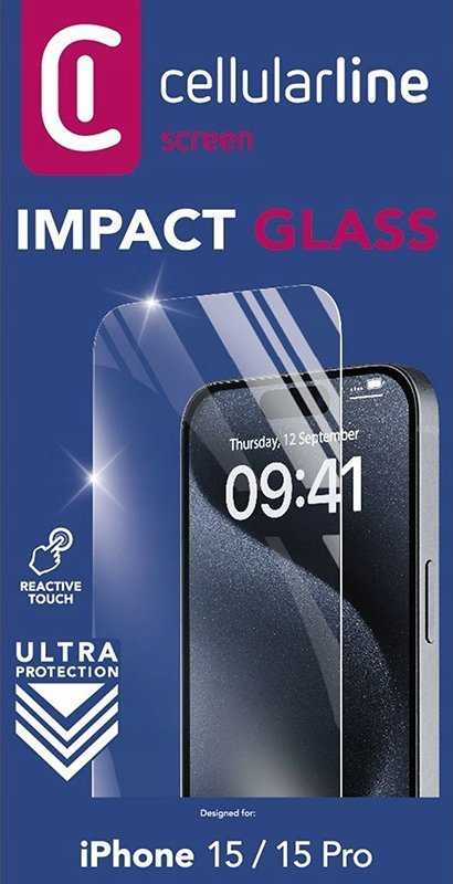 „Cellular Line Cellularline Impact Glass“ – grūdintas apsauginis stiklas, skirtas „Apple iPhone 15“ / „Apple iPhone 15 Pro“.