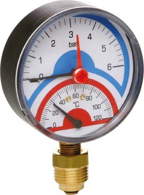 Termomanometras ICMA 1/2", 6 BAR, 0 - 120°C, apatinis