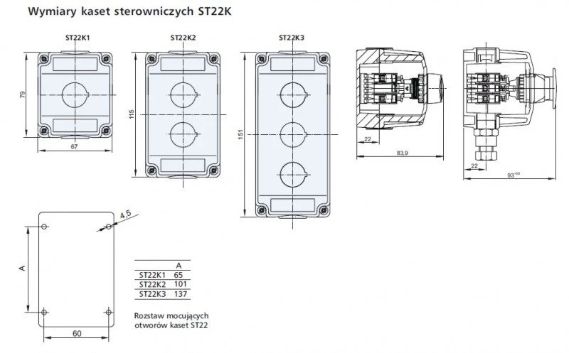 Spamel ST22K valdymo skydelių matmenų schema