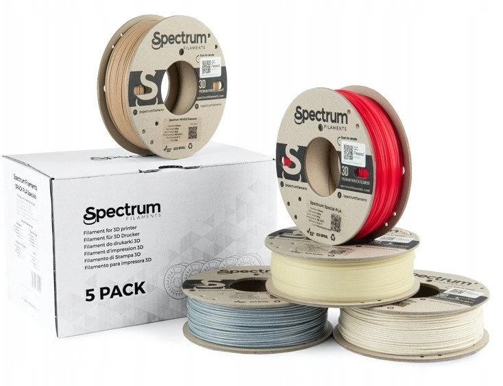 Spectrum Filament PLA specials 5x250g, mišinys, Stone Light, Stone Dark, Thermoactiv Raudona, Wood OAK, Glow Žalias
