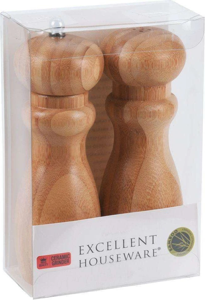 Excellent Houseware Bambukinė malūnėlis prieskonių, pipirų, druskos malimui, medinė druskinė, 2 vnt