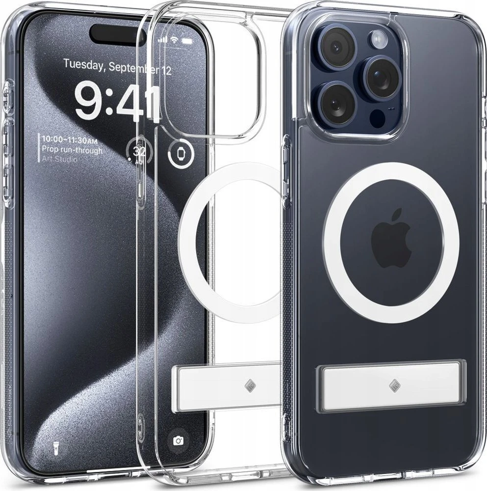 Dėklas Spigen Caseology Capella su MagSafe atrama, skaidri balta - iPhone 15 Pro