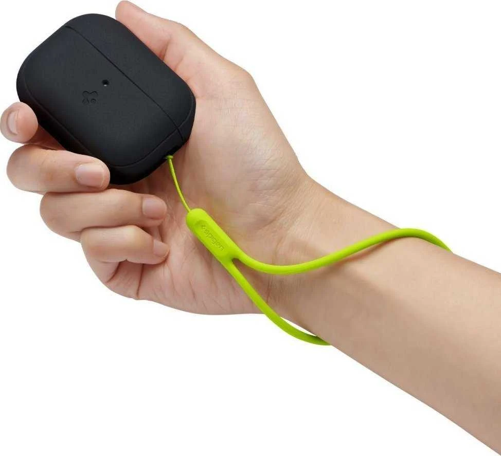 Spigen silikoninis dėklas Silicone Fit juodas + dirželis Phantom Žalias – AirPods Pro (2-os kartos)