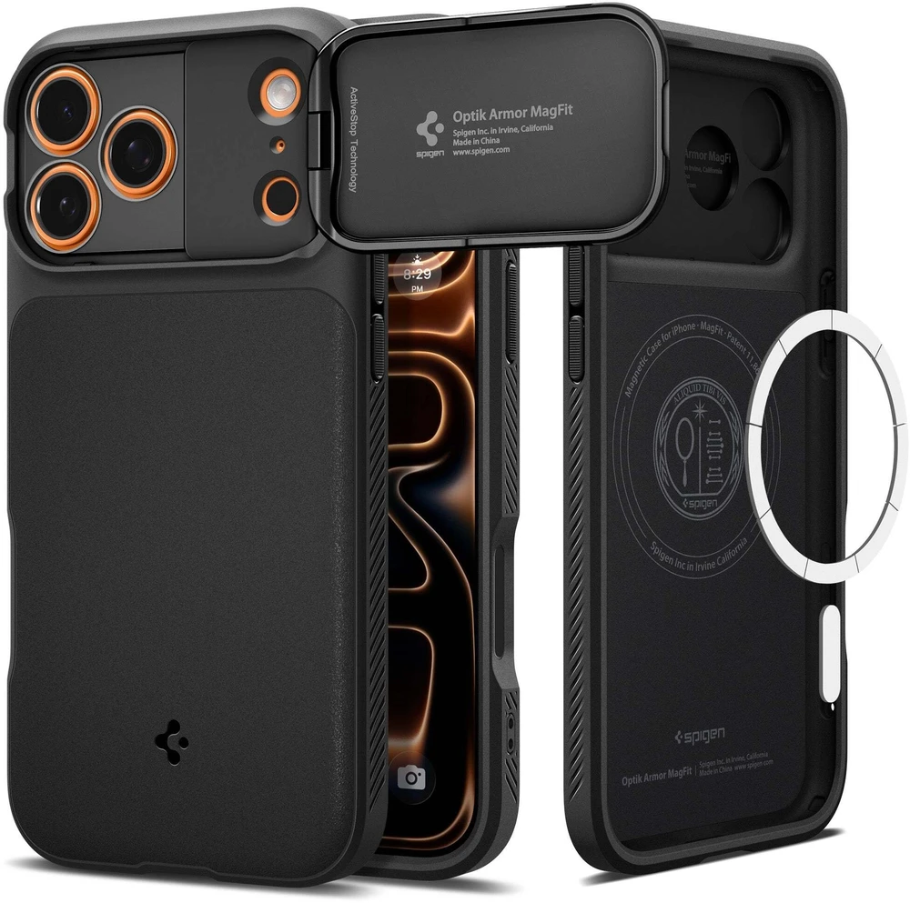 Spigen Optik Armor MagSafe dėklas skirtas Apple iPhone 17 Pro – juodos spalvos