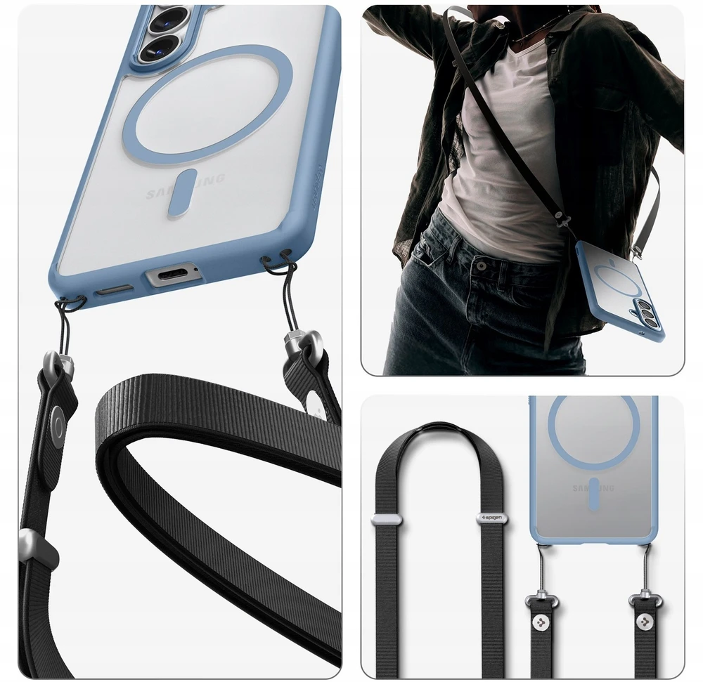 Spigen Ultra Hybrid Mag MagSafe dėklas skirtas Samsung Galaxy S26+ – skaidrus ir mėlynos spalvos