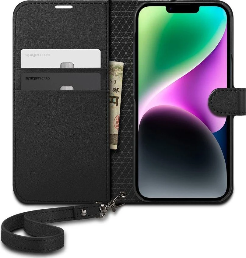 Dėklas Spigen Wallet S, juodos spalvos – iPhone 14