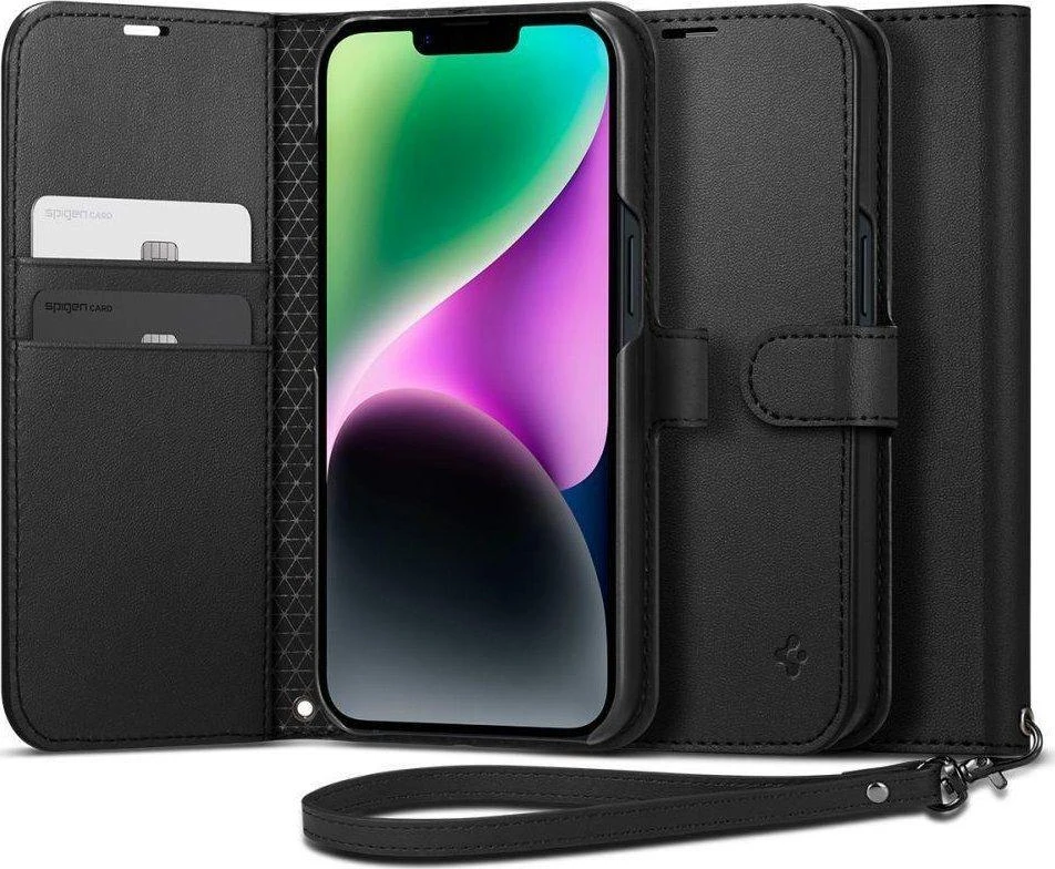 Dėklas Spigen Wallet S, juodos spalvos – iPhone 14
