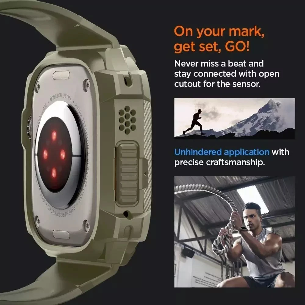 Spigen Rugged Armor Pro – dirželis su dėklu, skirtas Apple Watch Ultra 49 mm (Vintage Khaki)