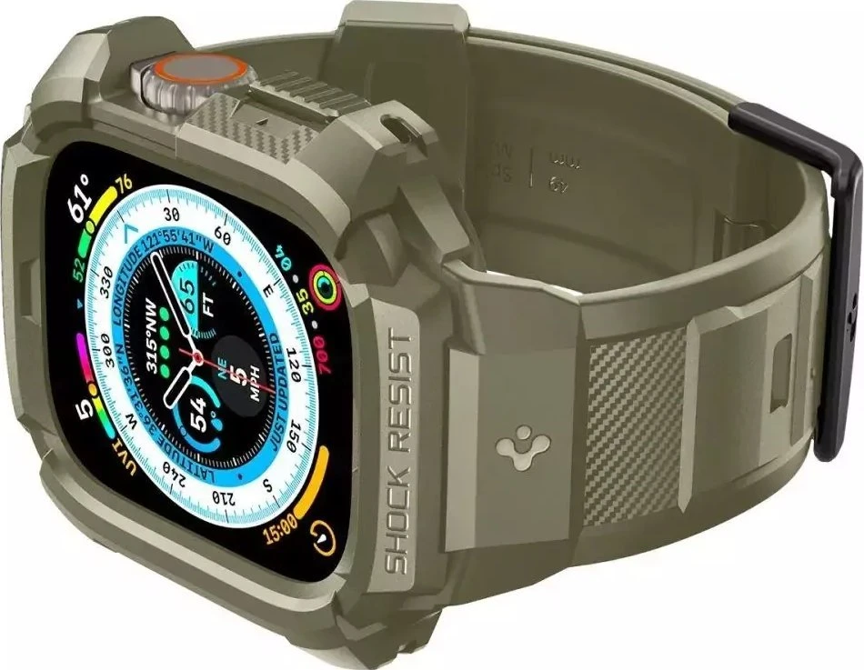 Spigen Rugged Armor Pro – dirželis su dėklu, skirtas Apple Watch Ultra 49 mm (Vintage Khaki)