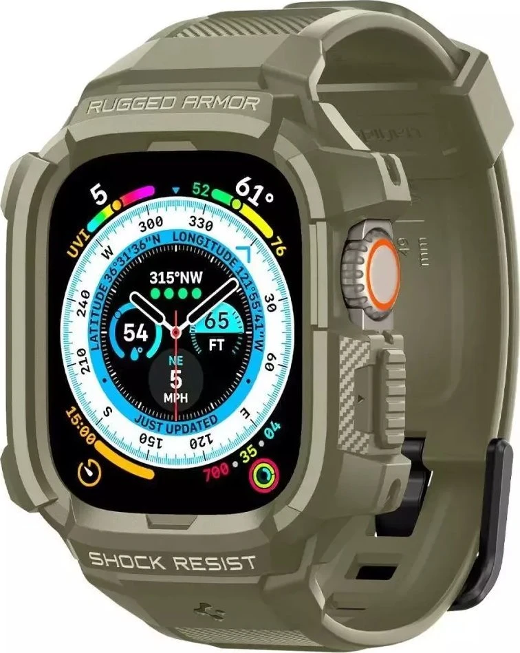 Spigen Rugged Armor Pro – dirželis su dėklu, skirtas Apple Watch Ultra 49 mm (Vintage Khaki)