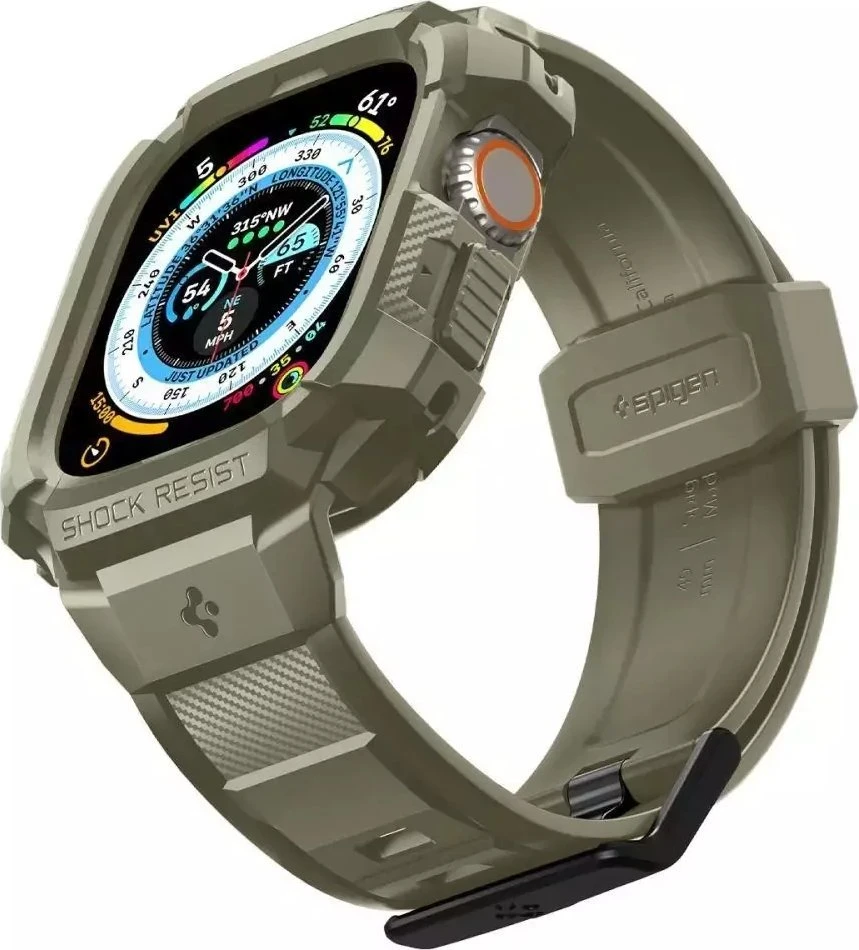 Spigen Rugged Armor Pro – dirželis su dėklu, skirtas Apple Watch Ultra 49 mm (Vintage Khaki)
