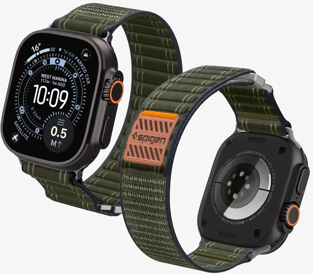 „Spigen Fabric Band“ (su lipduku ir kilpa), žalias - Apple Watch 49mm/46mm/45mm/44mm