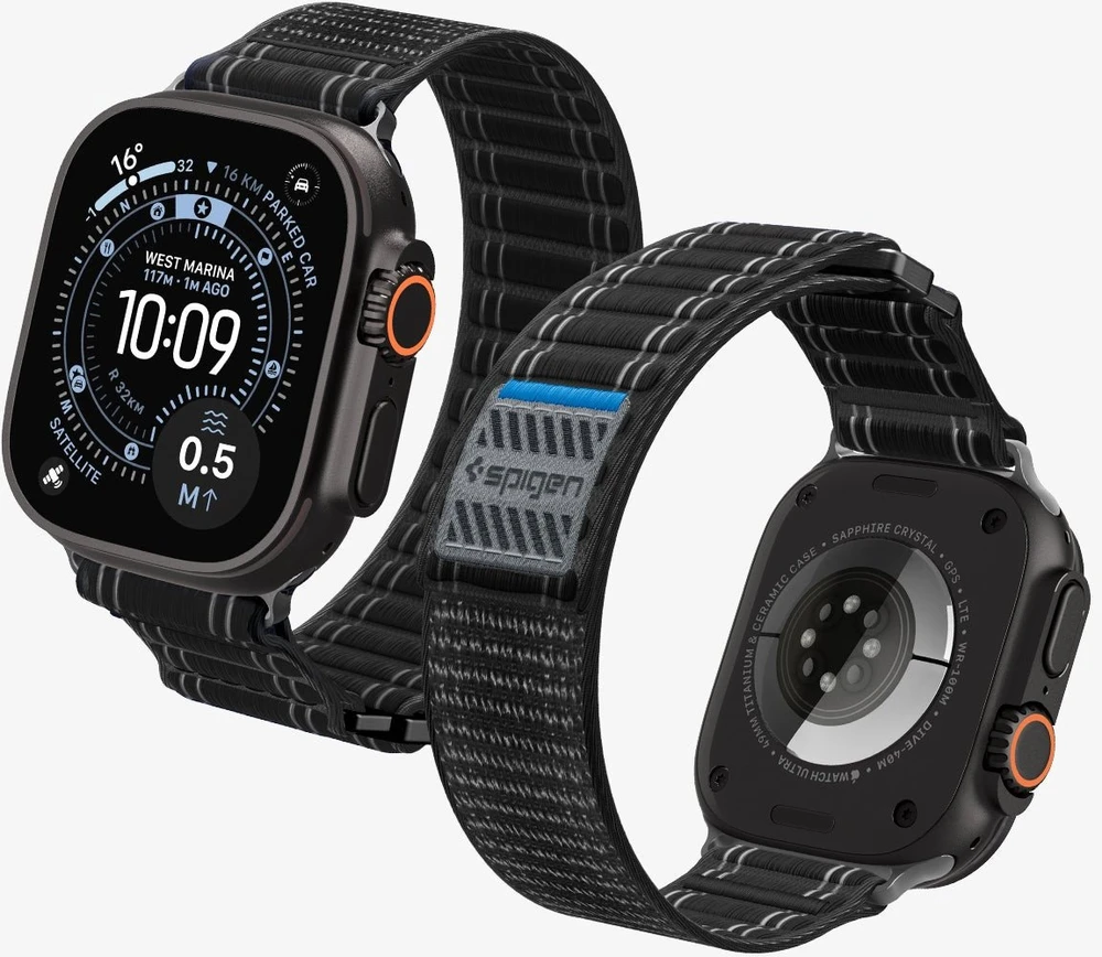 „Spigen Fabric Band“ apyrankė (su lipduku ir kilpa), juoda - Apple Watch 49mm/46mm/45mm/44mm