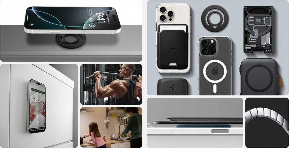 Juodas magsafe žiedas telefonui su laikikliu pirštui „Spigen Dual Pop MAG Magsafe”