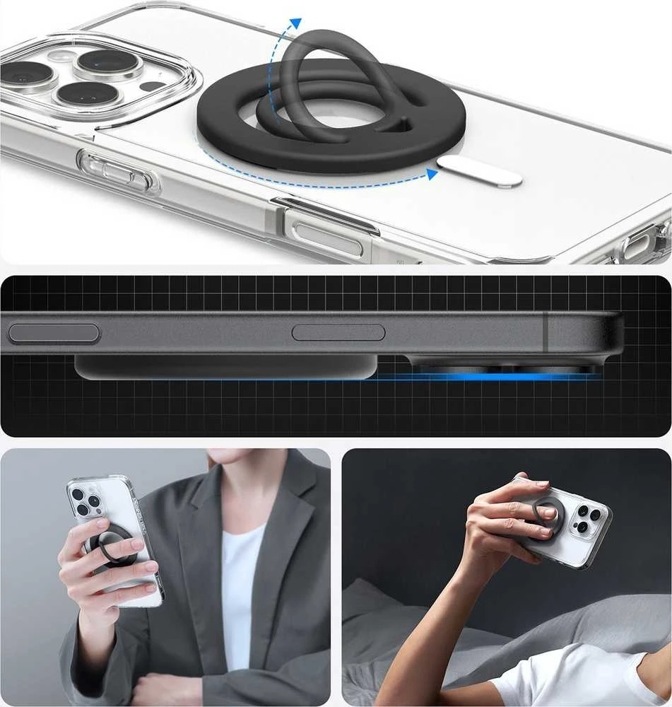 Juodas magsafe žiedas telefonui su laikikliu pirštui „Spigen Dual Pop MAG Magsafe”