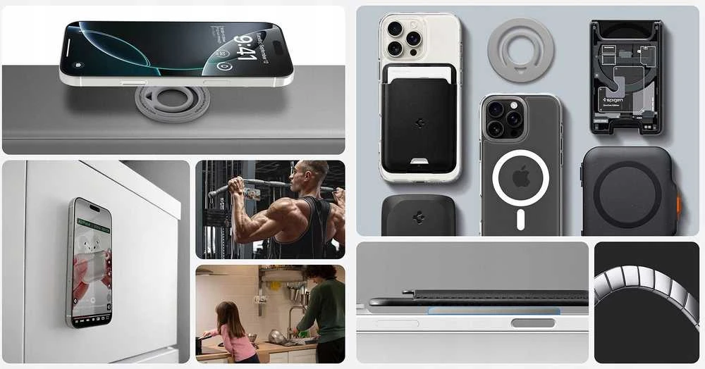 Spigen Dual Pop MagSafe telefono laikiklis, pilkas