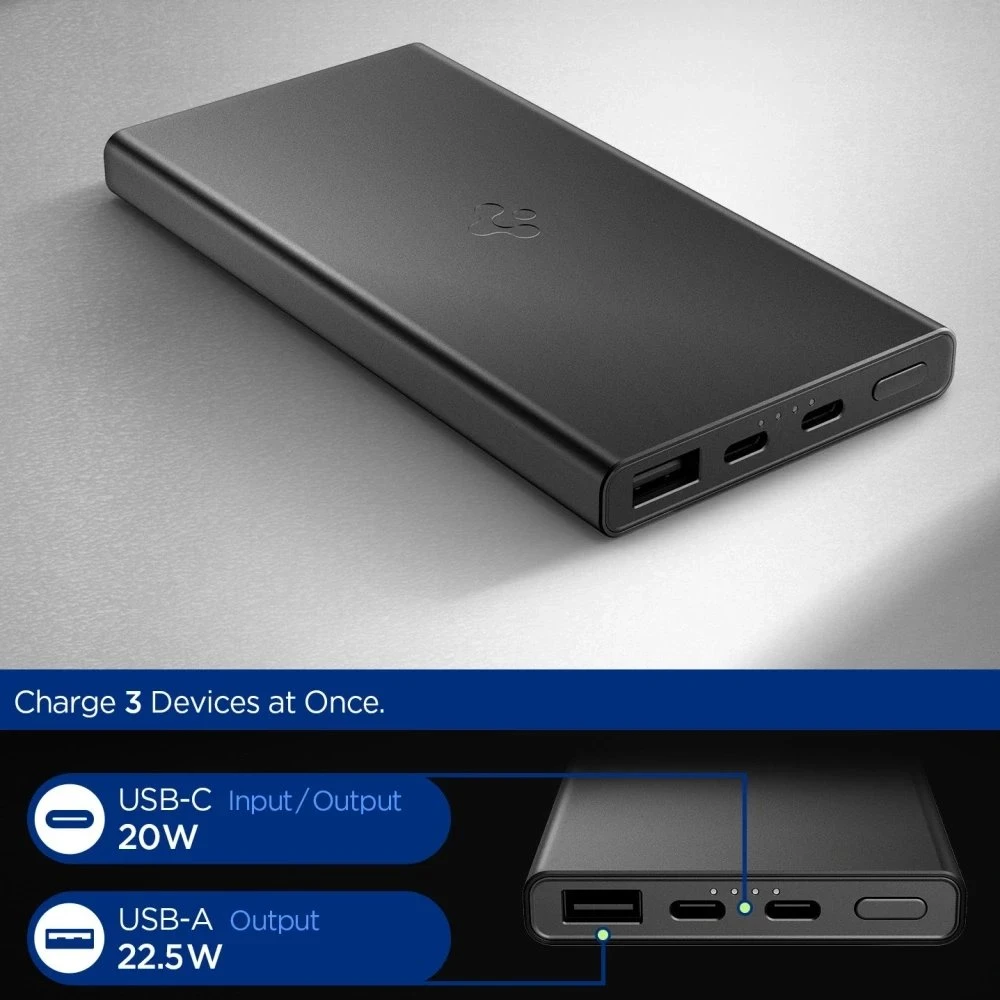 Spigen Essential EA2210 Power Bank 10000 mAh 22.5W – juodos spalvos