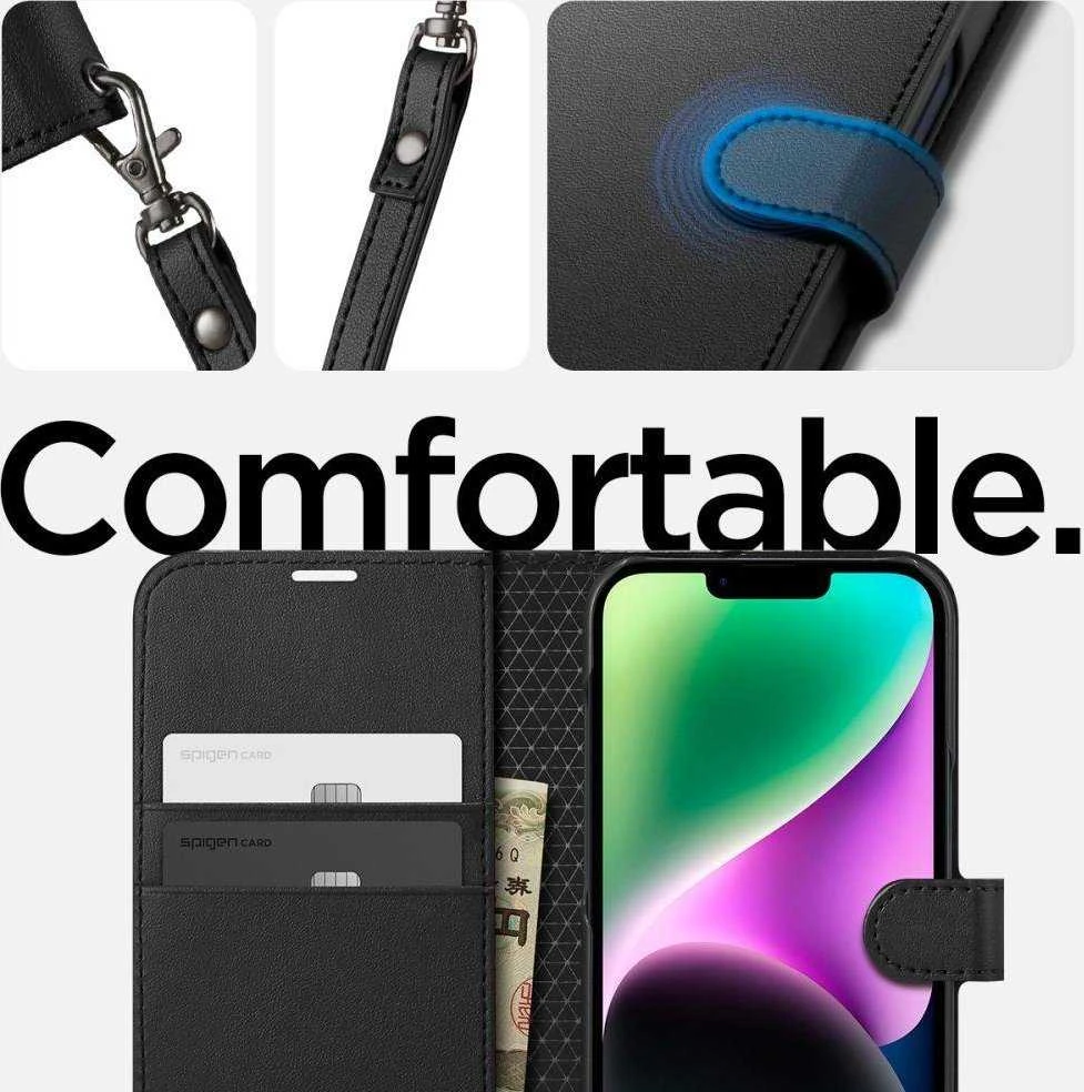 Dėklas Spigen Wallet S, juodos spalvos – iPhone 14