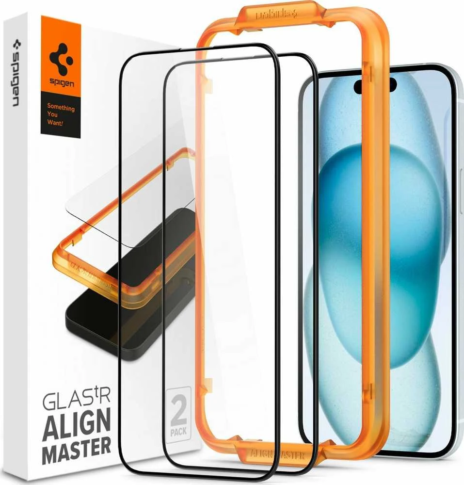 Apsauginis stiklas telefonui Apple iPhone 15 Spigen ALM Glass FC 2-pack juodos spalvos krašteliu