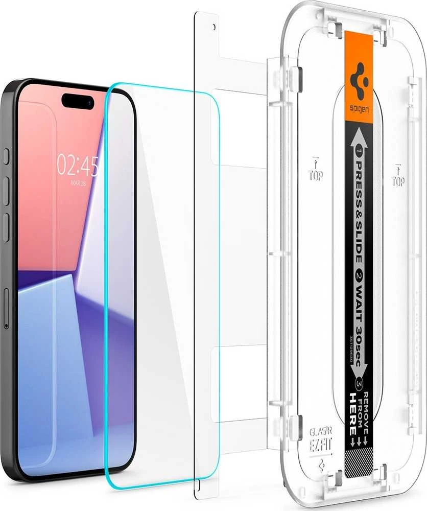 Apsauginis stiklas telefonui Apple iPhone 15 Pro Max Spigen Glas.tr „EZ Fit” 2 vnt. skaidrus