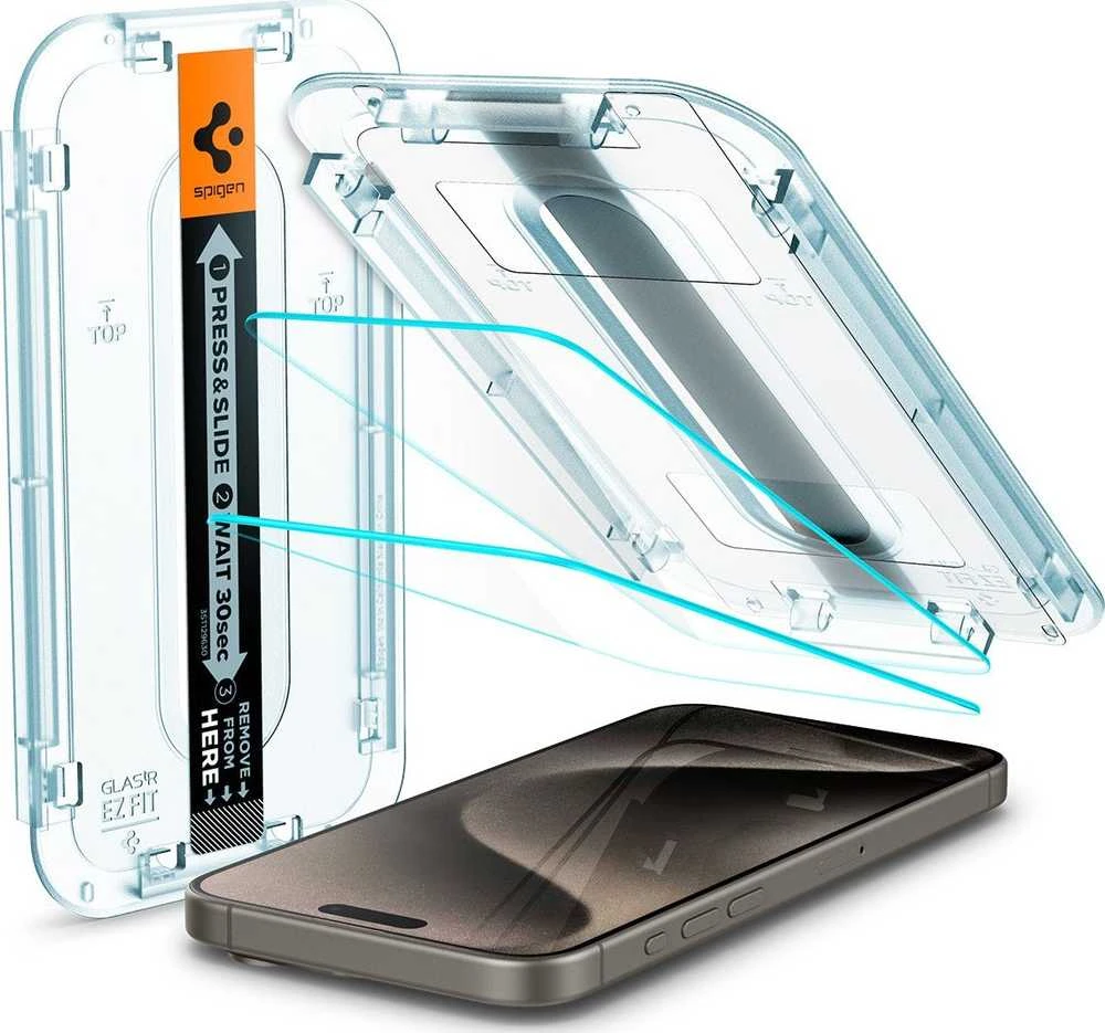 Apsauginis stiklas telefonui Apple iPhone 15 Pro Max Spigen Glas.tr „EZ Fit” 2 vnt. skaidrus