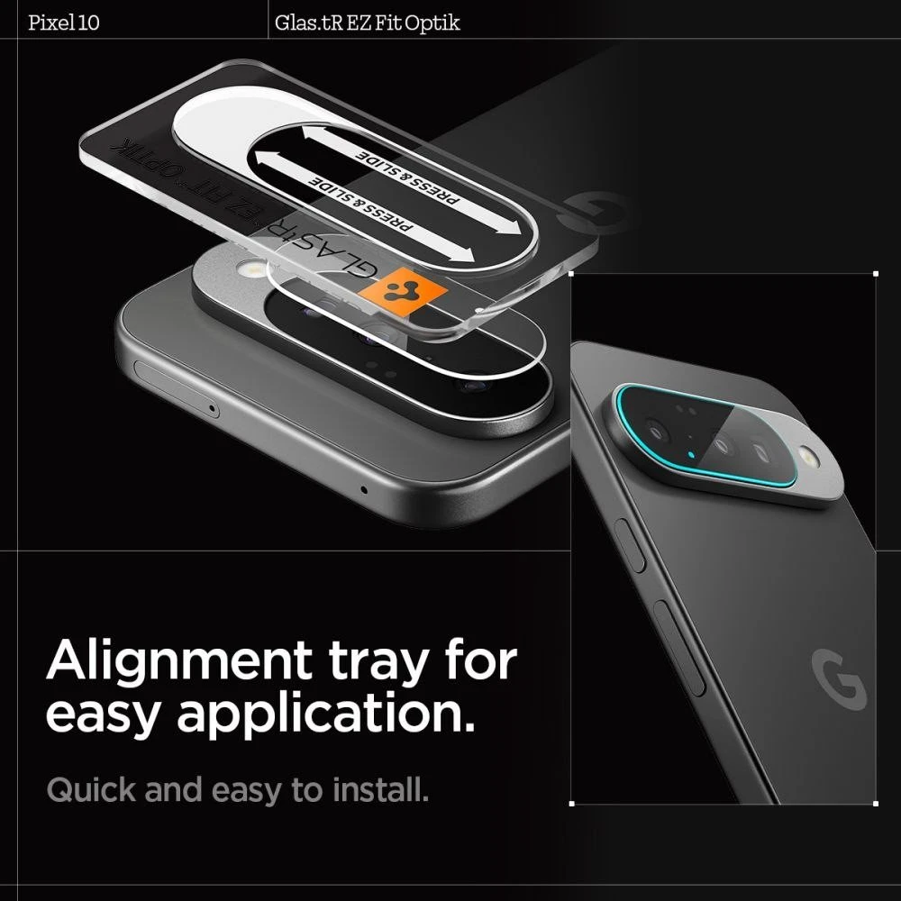 „Spigen Optik Glas.tR“ kameros apsauginiai dėklai, 2 vnt. pakuotėje, skirti „Google Pixel 10“ telefonui, skaidrūs.