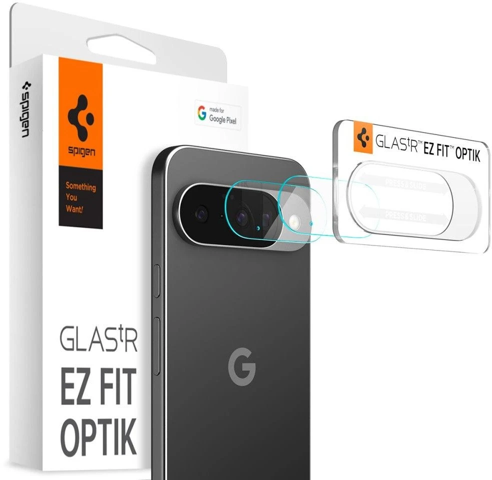 „Spigen Optik Glas.tR“ kameros apsauginiai dėklai, 2 vnt. pakuotėje, skirti „Google Pixel 10“ telefonui, skaidrūs.