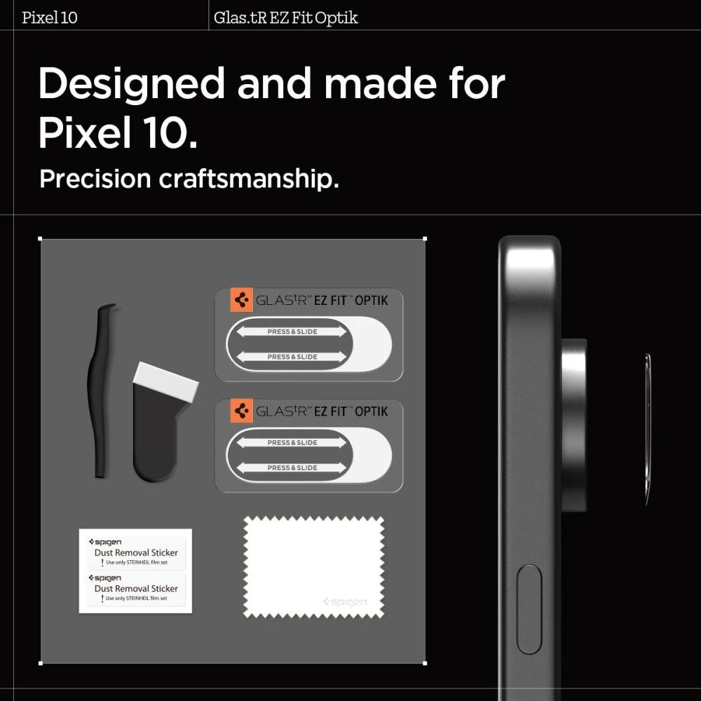 „Spigen Optik Glas.tR“ kameros apsauginiai dėklai, 2 vnt. pakuotėje, skirti „Google Pixel 10“ telefonui, skaidrūs.