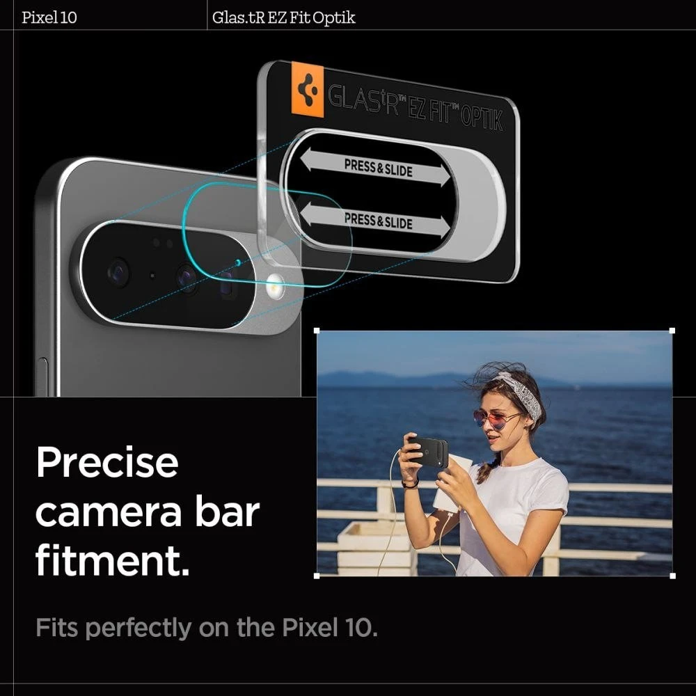 „Spigen Optik Glas.tR“ kameros apsauginiai dėklai, 2 vnt. pakuotėje, skirti „Google Pixel 10“ telefonui, skaidrūs.