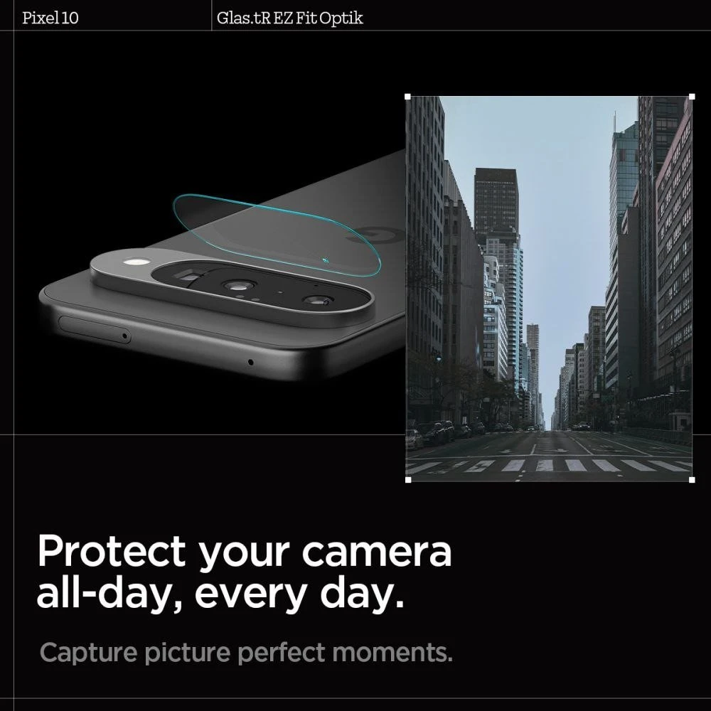 „Spigen Optik Glas.tR“ kameros apsauginiai dėklai, 2 vnt. pakuotėje, skirti „Google Pixel 10“ telefonui, skaidrūs.