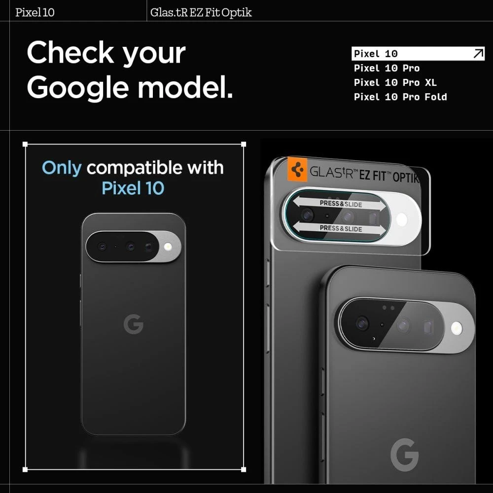 „Spigen Optik Glas.tR“ kameros apsauginiai dėklai, 2 vnt. pakuotėje, skirti „Google Pixel 10“ telefonui, skaidrūs.
