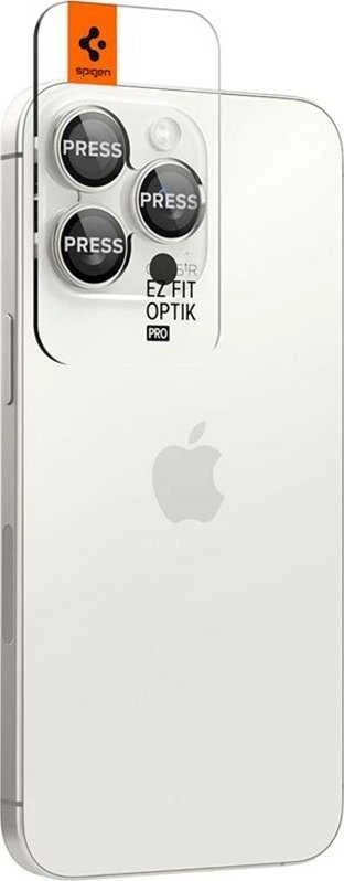 „Spigen Glass tR EZ Fit Optik Pro“ 2 vnt., titano spalvos, baltas - iPhone 16/15 Pro/16/15 Pro Max