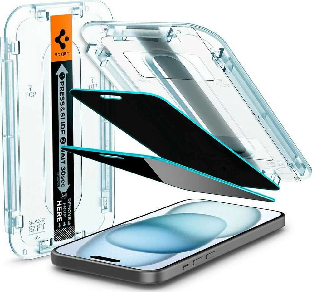Apsauginis stiklas telefonui Apple iPhone 15 Spigen Glas.tr „EZ Fit” Privacy 2-pack