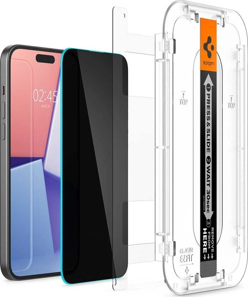 „Spigen Glass tR EZ Fit“ (privatumo) 2 vnt., skaidrūs – „Apple iPhone 16/15 Plus“