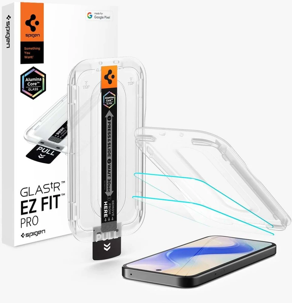 „Spigen Glas.tR EZ Fit Pro 2“ grūdinto stiklo ekrano apsauga, skirta „Google Pixel 10A“.
