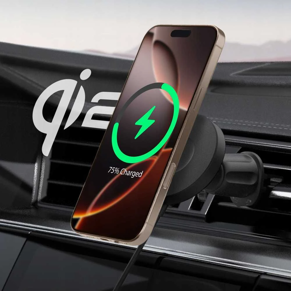 „Spigen OneTap Pro 4 MagSafe“ automobilinis įkroviklis, juodas - belaidis / su „AirVent“ kabliuku