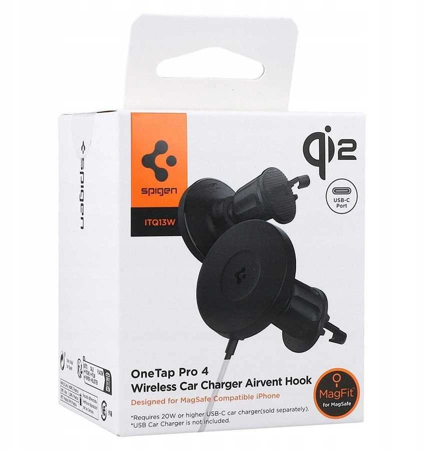 „Spigen OneTap Pro 4 MagSafe“ automobilinis įkroviklis, juodas - belaidis / su „AirVent“ kabliuku