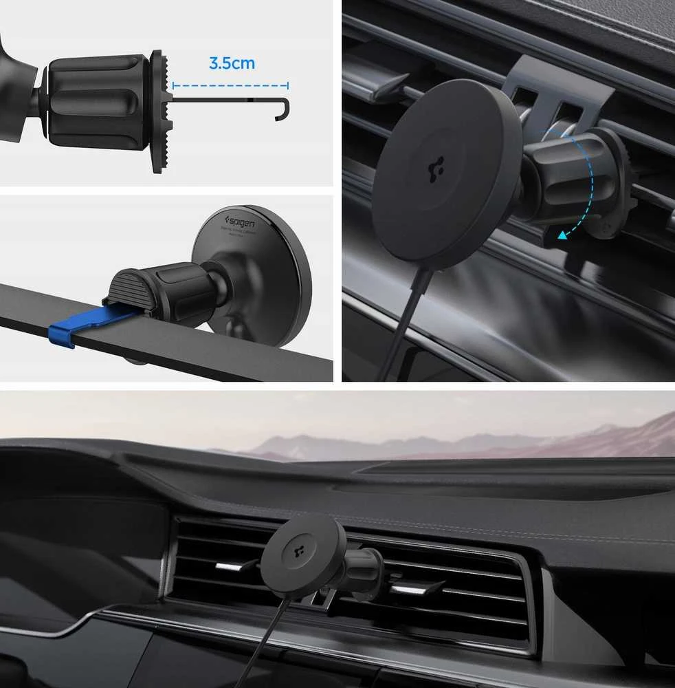 „Spigen OneTap Pro 4 MagSafe“ automobilinis įkroviklis, juodas - belaidis / su „AirVent“ kabliuku