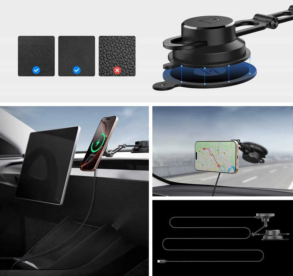 „Spigen OneTap Pro 4 MagSafe“ automobilinis įkroviklis, juodas - belaidis / prietaisų skydelio / priekinio stiklo laikiklis